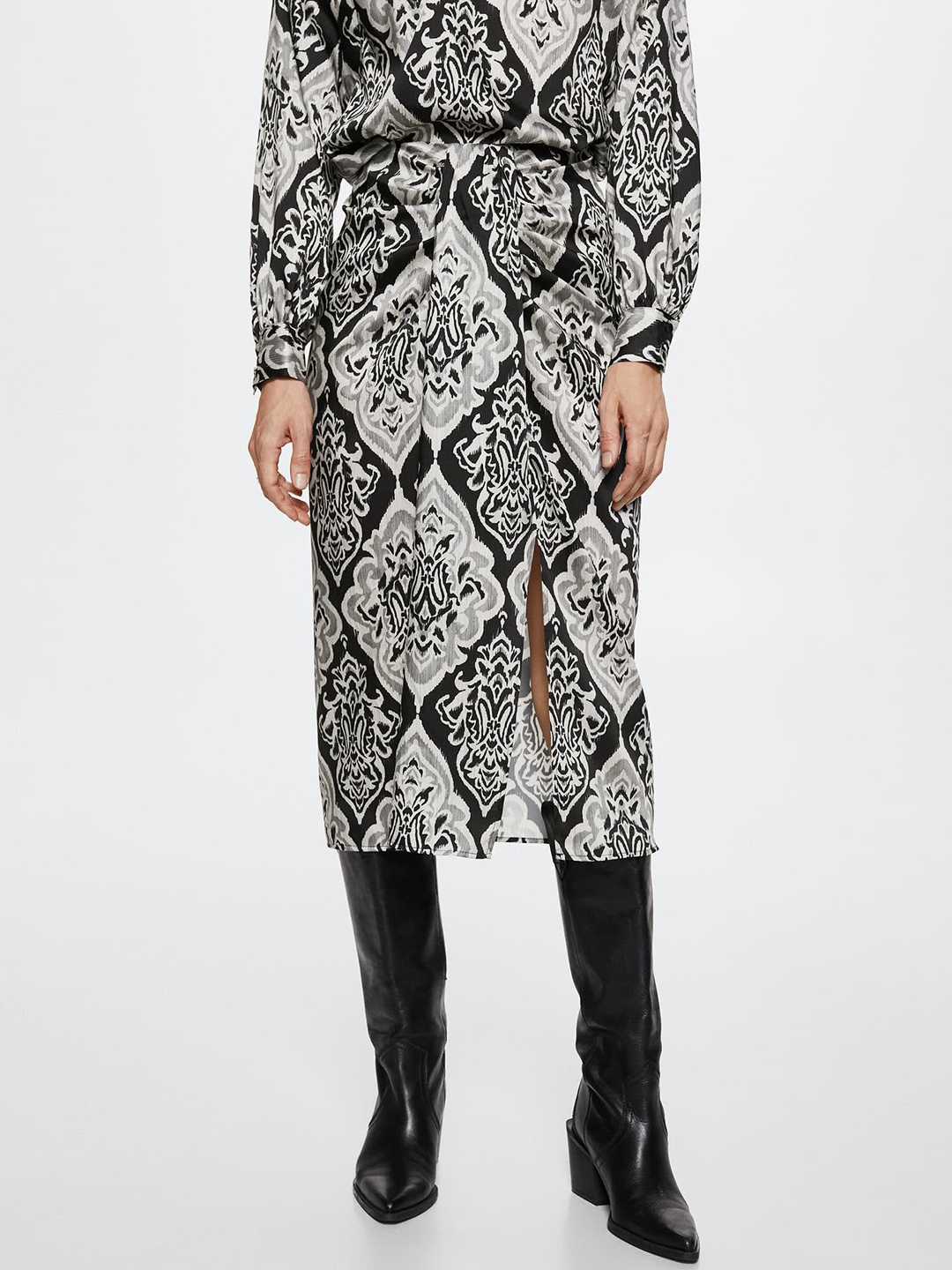 

MANGO Women Satin Printed Straight Skirt, Grey