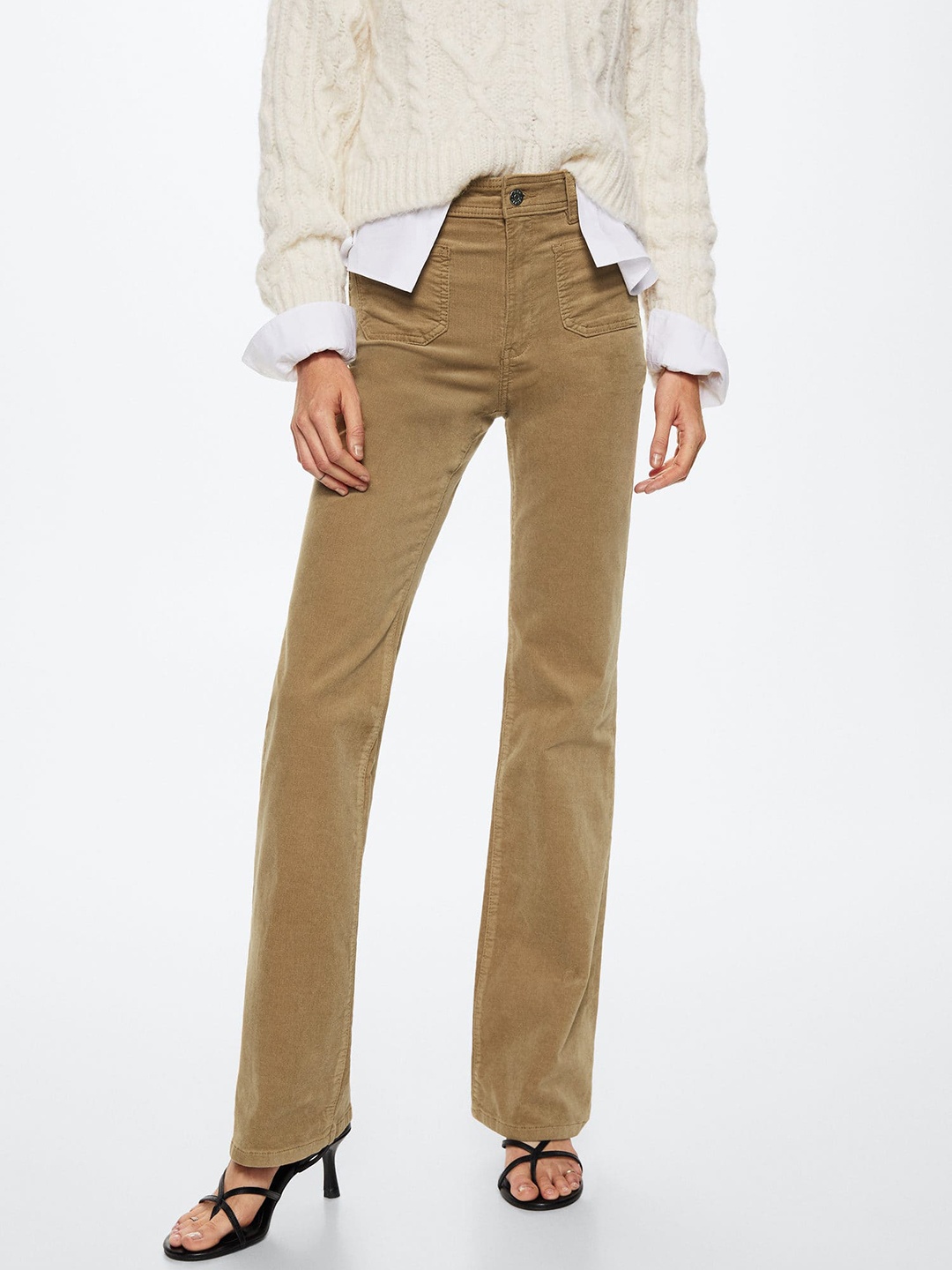 

MANGO Women Flared Designed Coloured Sustainable Corduroy Jeans, Beige