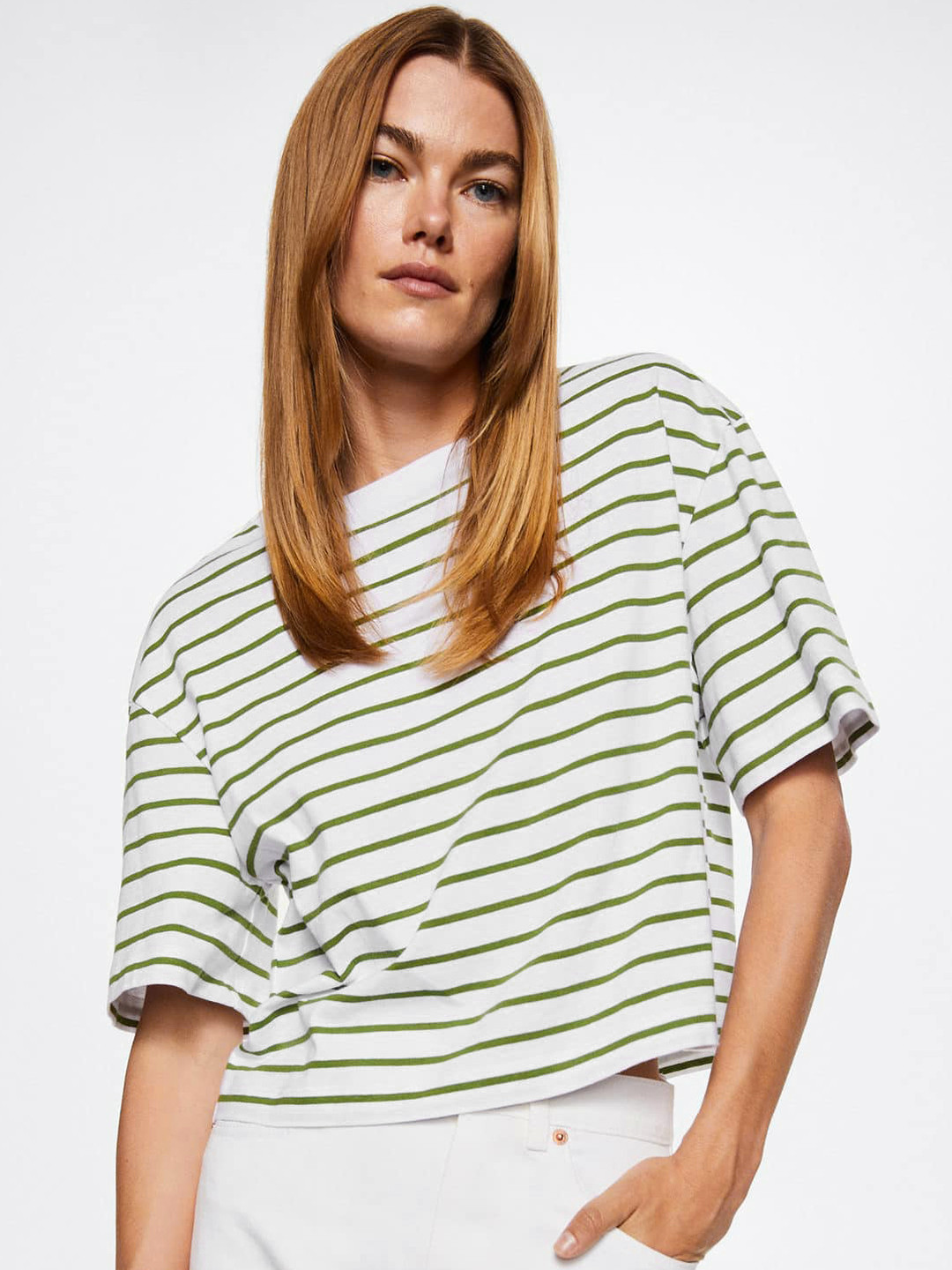

MANGO Women Cotton Sustainable Striped Drop-Shoulder Sleeves T-shirt, White