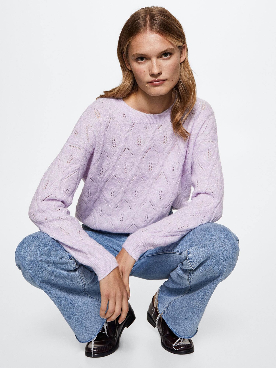 

MANGO Open-Knit Sustainable Oversized Pullover, Lavender