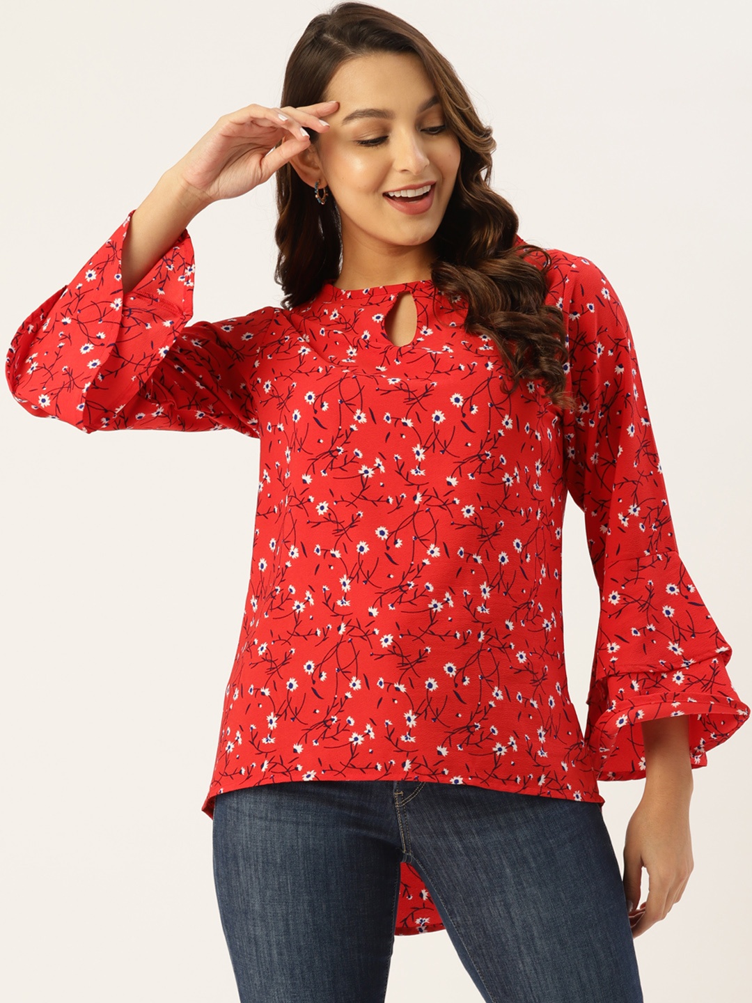 

WISSTLER Floral Print Flared Sleeves Keyhole Neck Ruffles Crepe Top, Red