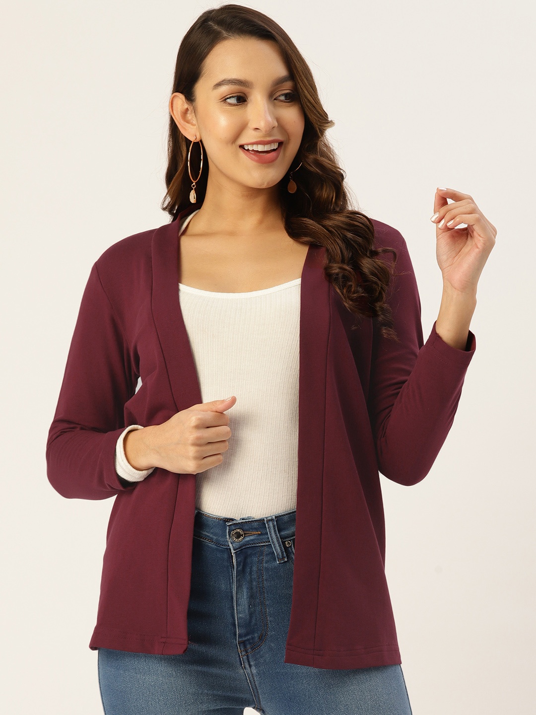 

WISSTLER Women Open Front Cotton Terry Longline Shrug, Burgundy