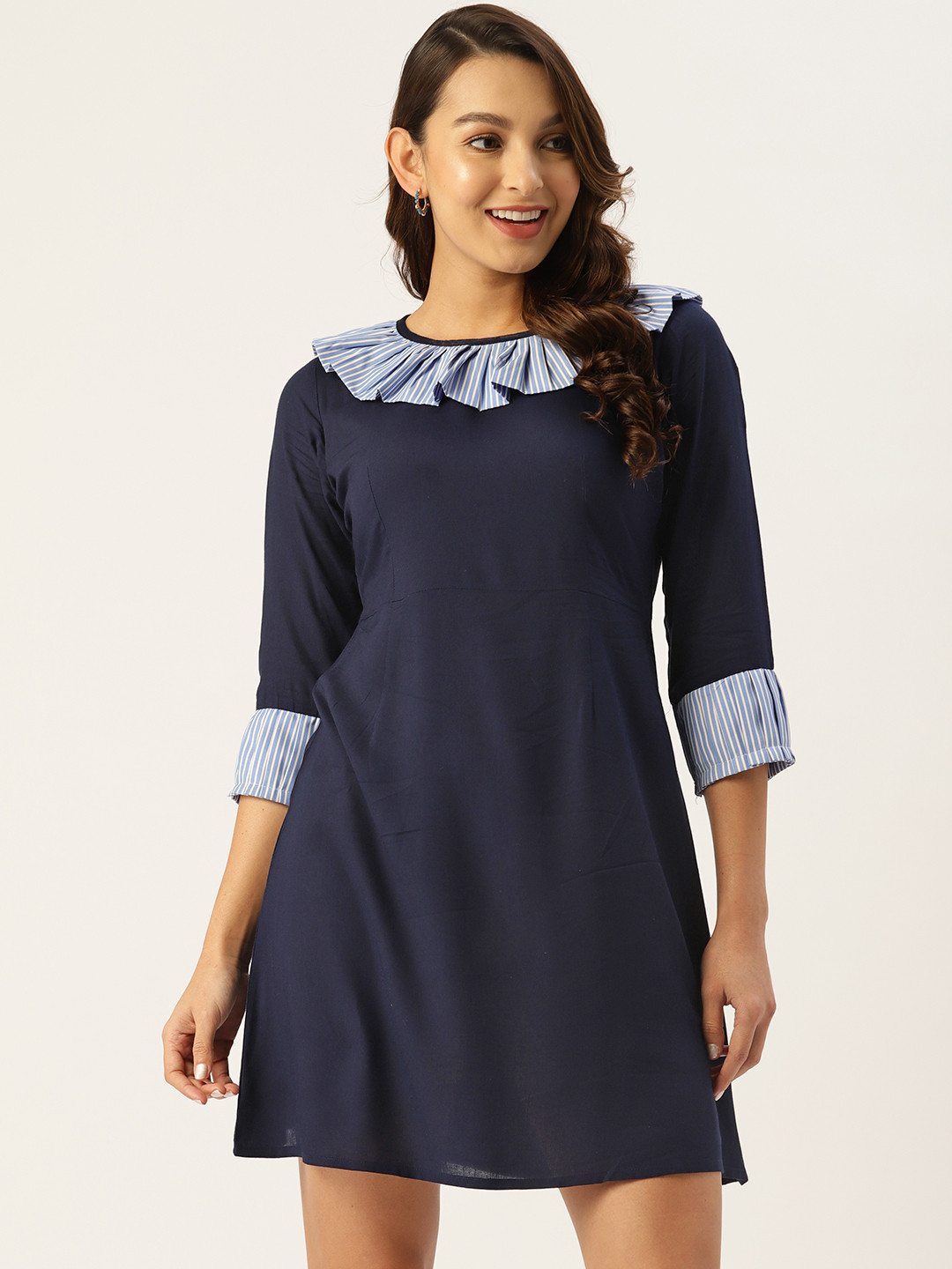 

WISSTLER Striped A-Line Dress With Ruffles, Navy blue