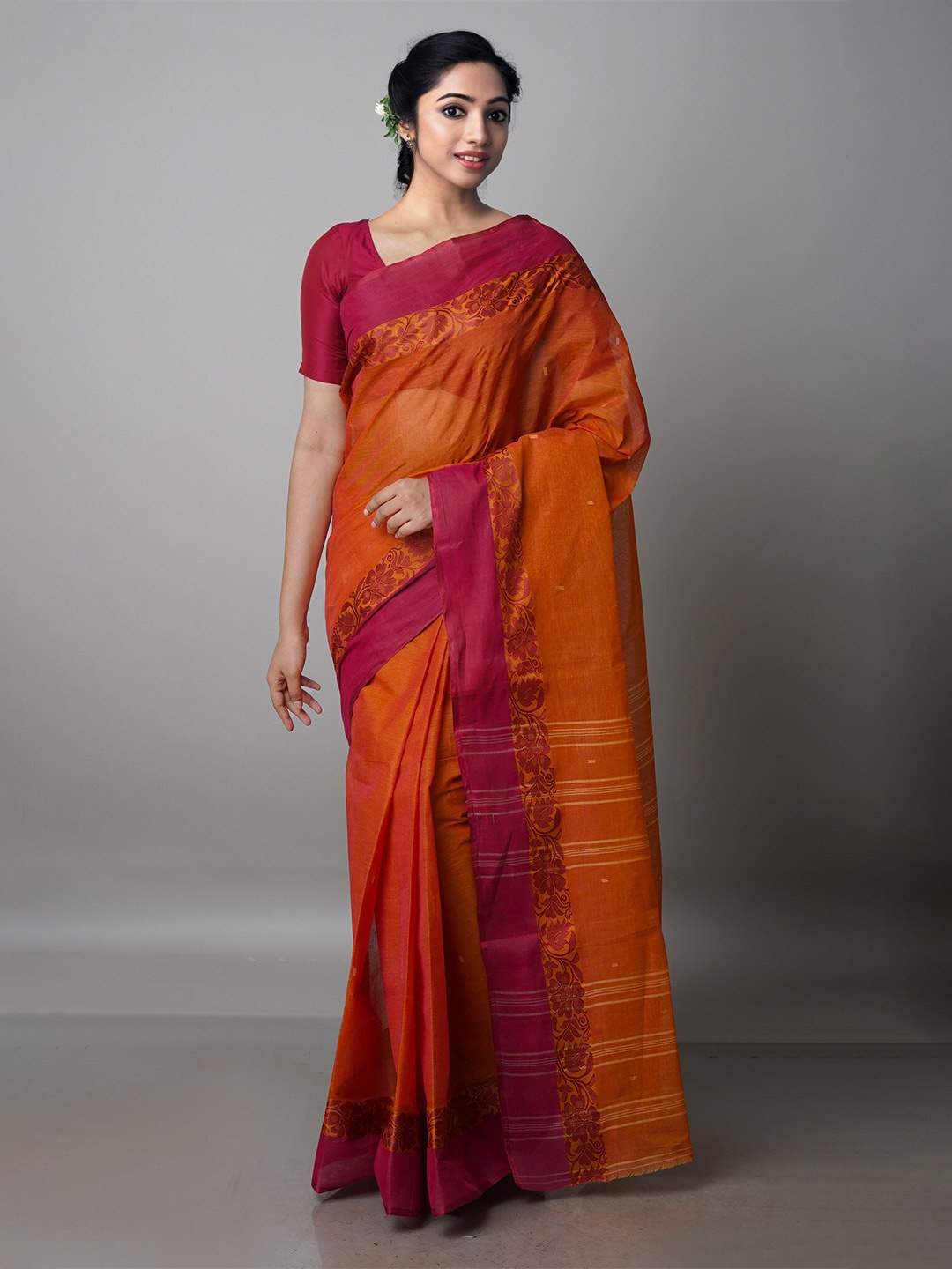 

Unnati Silks Handloom Pure Cotton Taant Saree, Orange