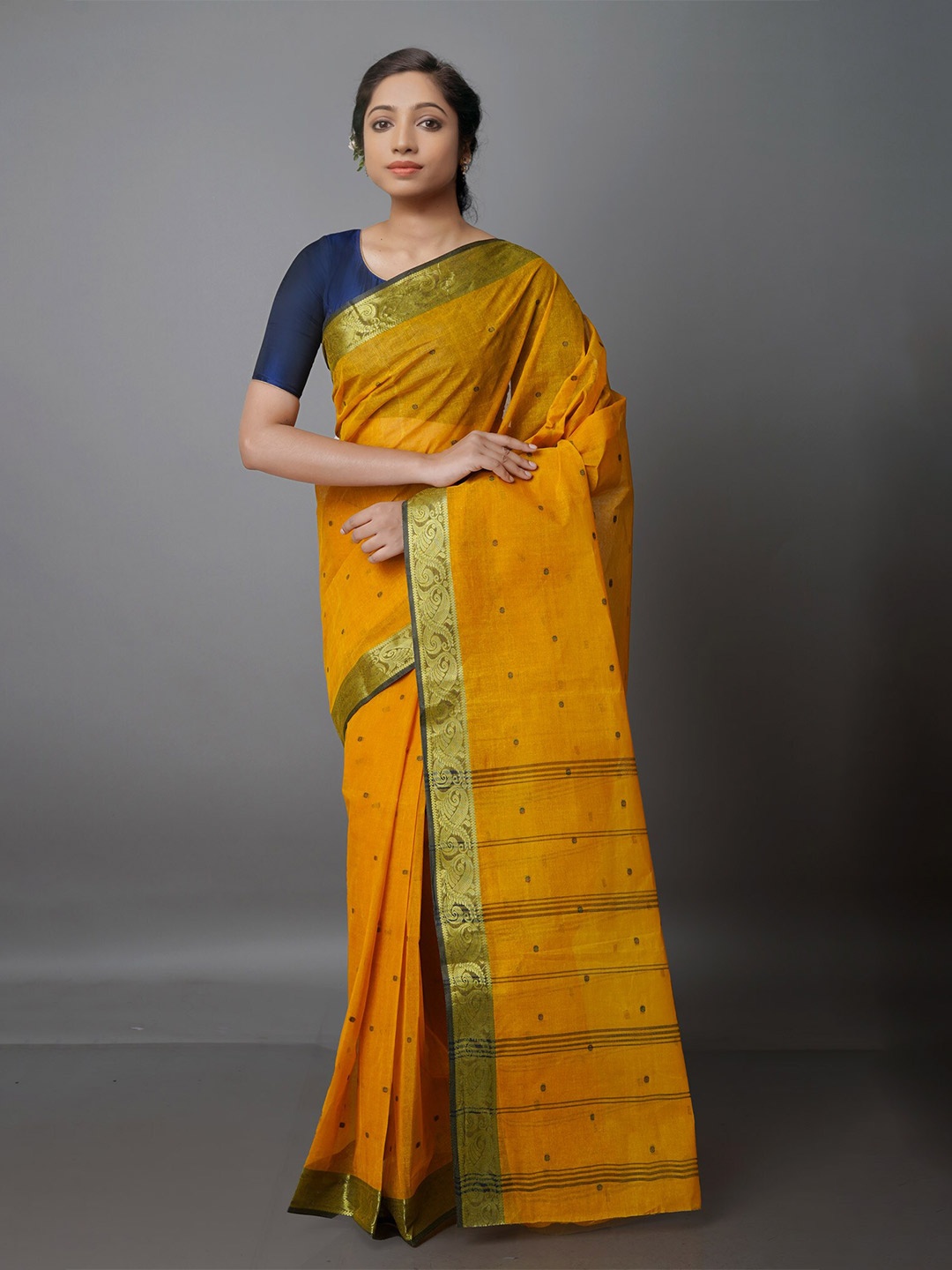 

Unnati Silks Handloom Pure Cotton Taant Saree, Yellow