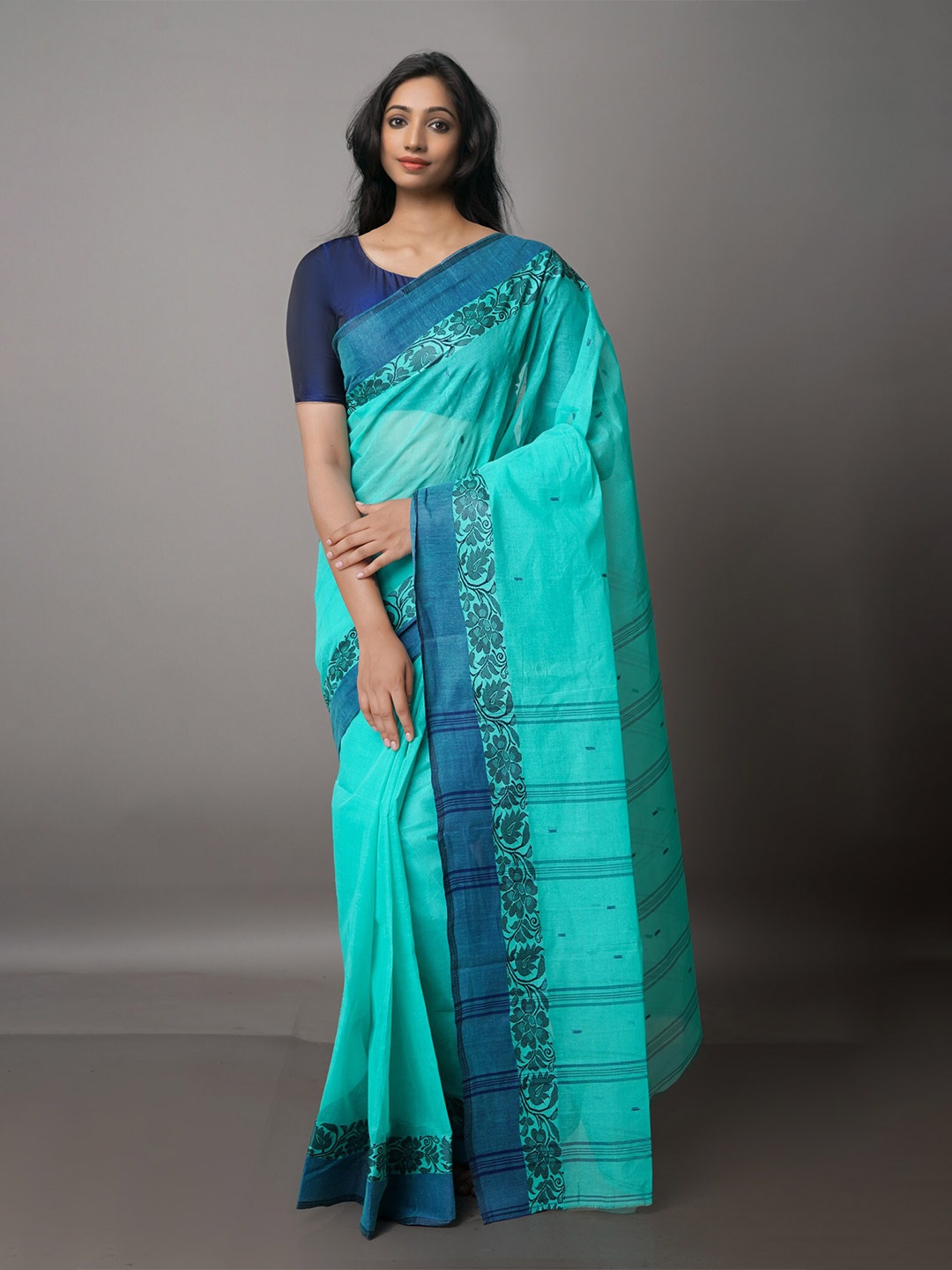 

Unnati Silks Pure Cotton Handloom Taant Saree, Turquoise blue