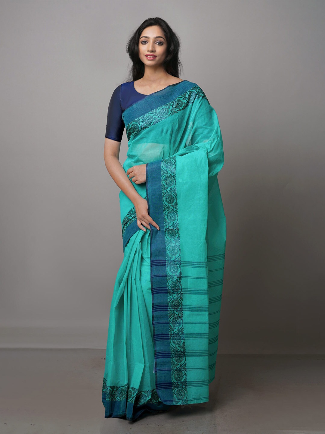 

Unnati Silks Handloom Pure Cotton Taant Saree, Turquoise blue