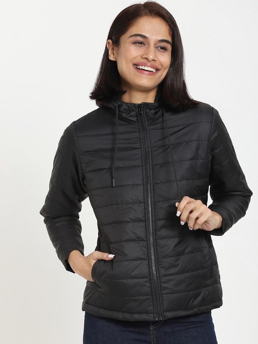 

Bewakoof Plus Women Solid Nylon Relaxed Fit Padded Jacket, Black