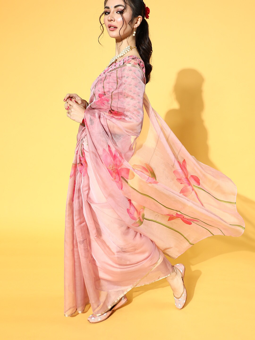 

Saree mall Floral Printed Zari Festive Sarees, Pink