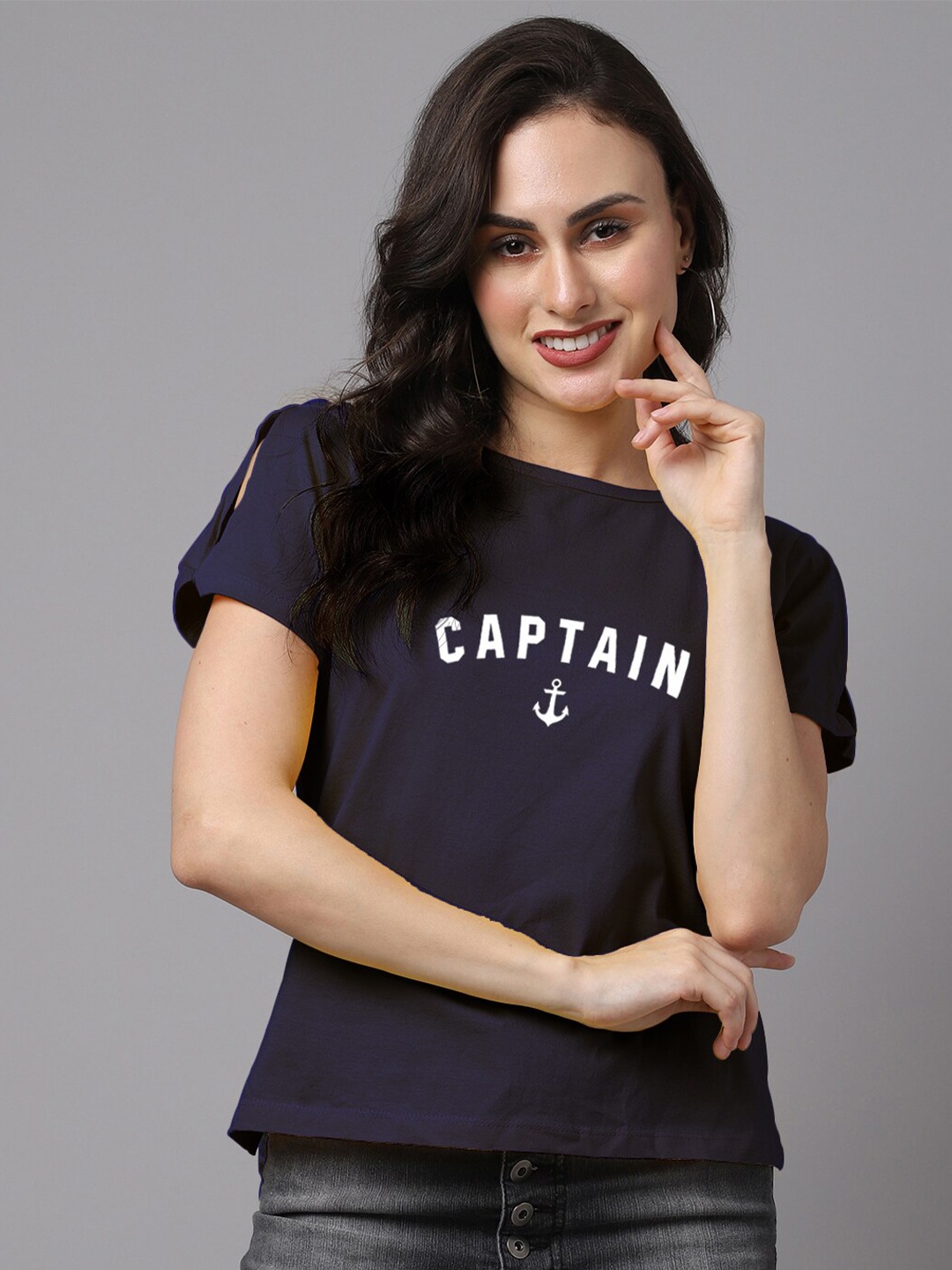 Friskers Women Typography Printed Pure Cotton Slim Fit T-shirt, Navy blue