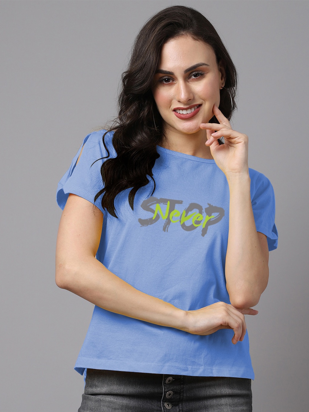 Friskers Women Typography Printed Pure Cotton Slim Fit T-shirt, Turquoise blue