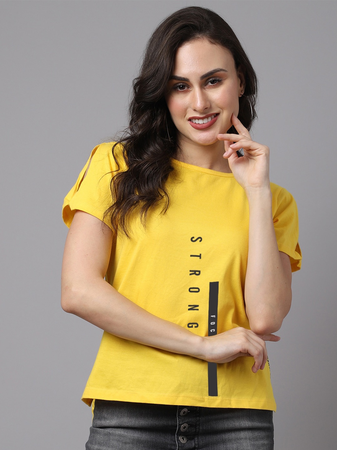 

Friskers Women Typography Printed Pure Cotton Slim Fit T-shirt, Yellow