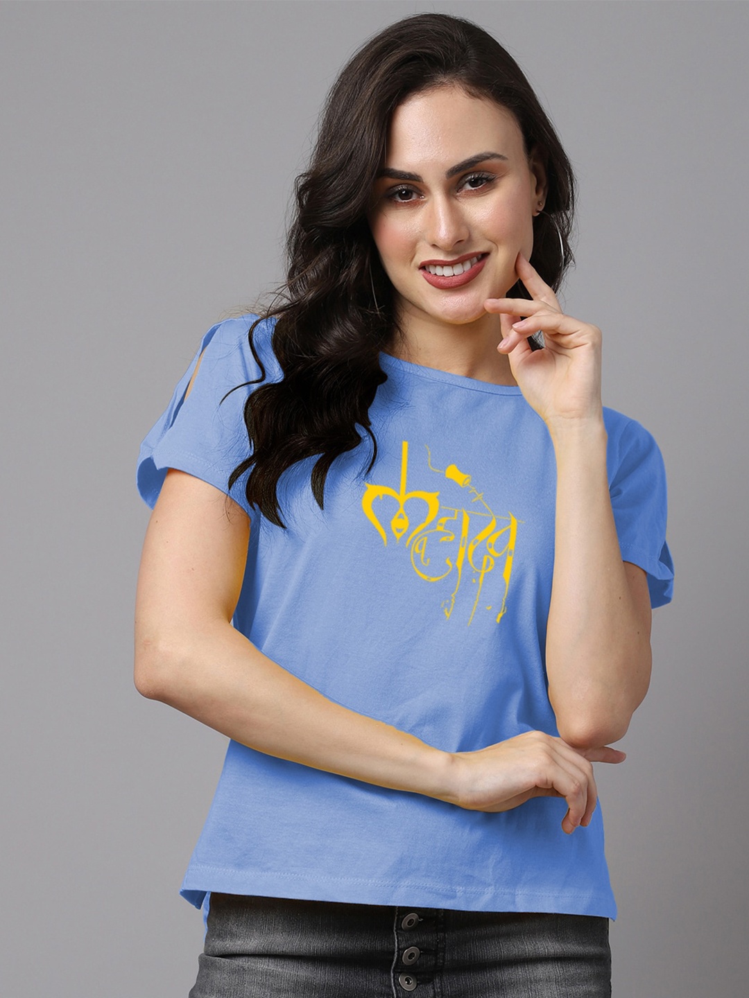 

Friskers Women Typography Printed Split Sleeves Slim Fit Cotton T-shirt, Turquoise blue
