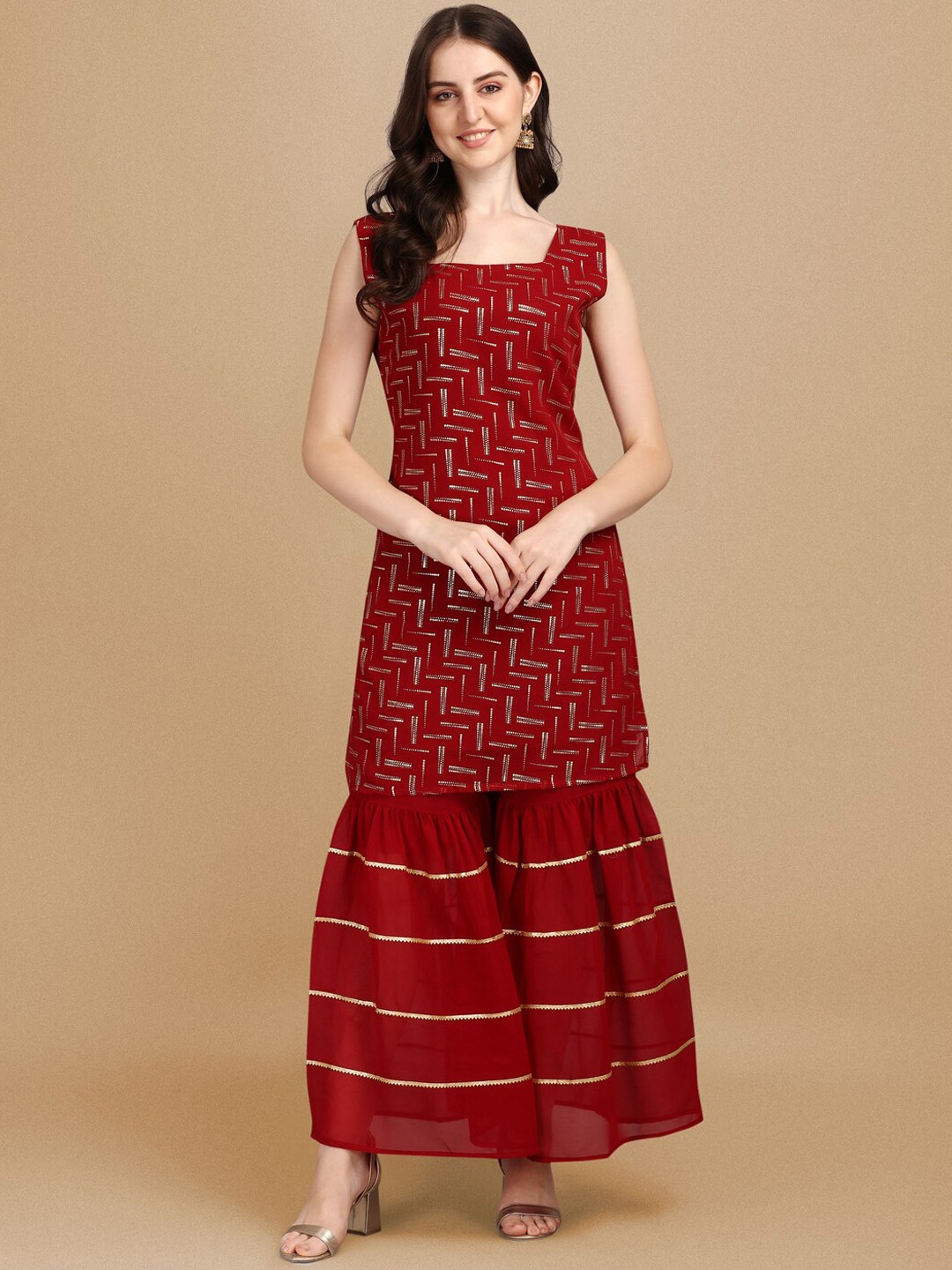 

GUFRINA Printed Square Neck Kurta with Sharara, Red
