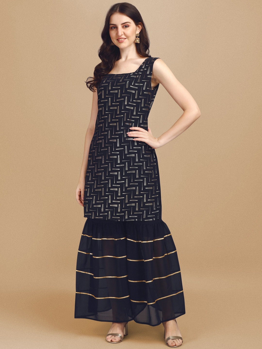 

GUFRINA Printed Square Neck Kurta with Sharara, Blue