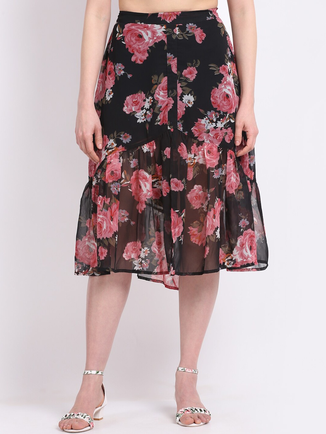 

La Zoire Women Floral Printed Midi Skirt, Black