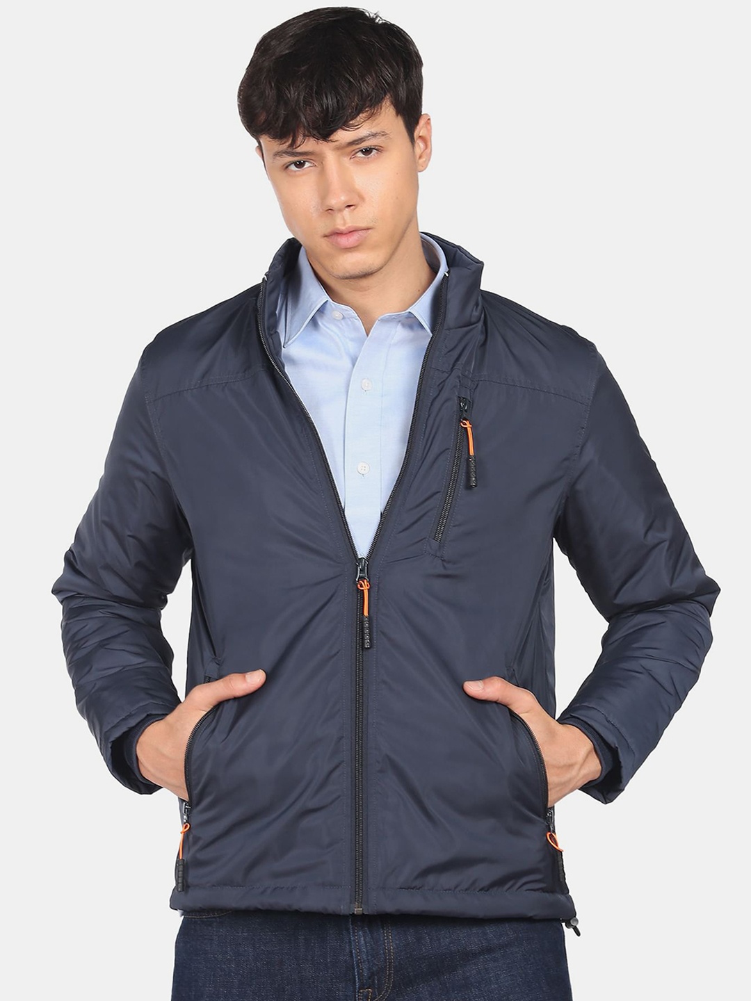 

Flying Machine High Neck Fleece Lined Casual Jacket, Navy blue