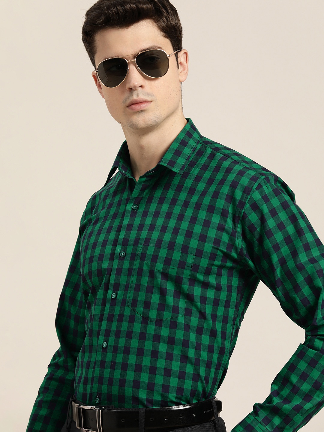 

Hancock Men Slim Fit Buffalo Checked Cotton Formal Shirt, Green