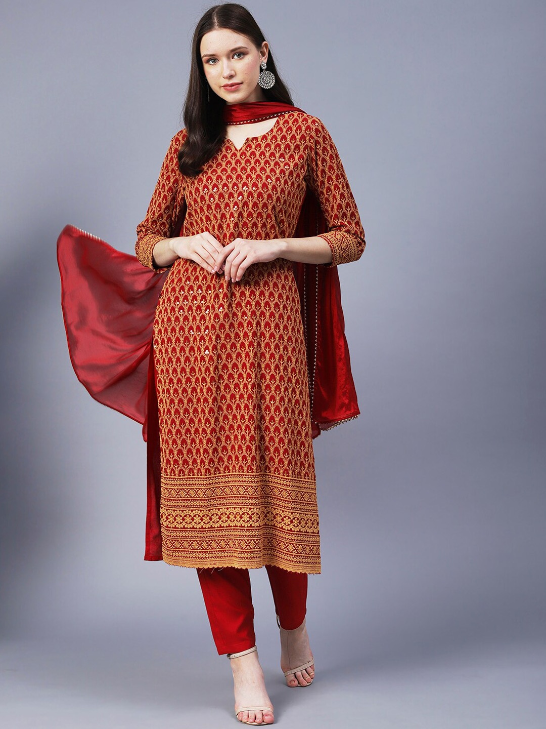 

KALINI Women Red Shifali Work Kurta with Trousers & With Dupatta