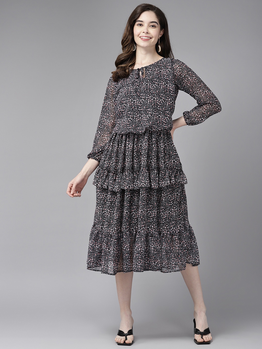 

Aarika Floral Tie-Up Neck Georgette A-Line Midi Dress, Black