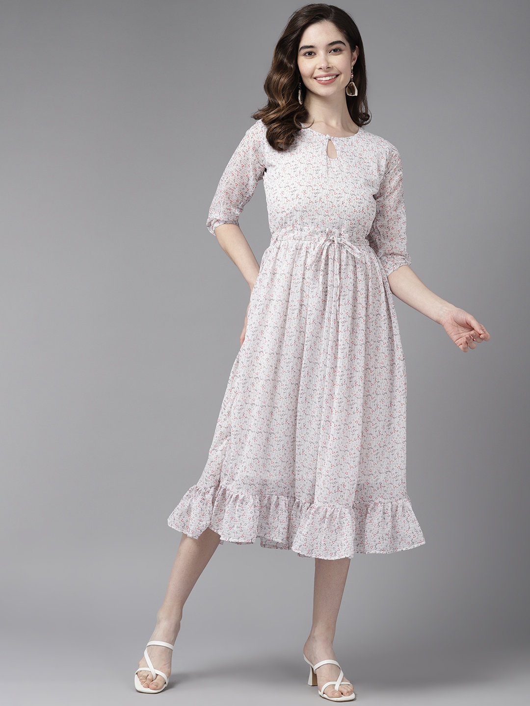 

Aarika Floral Keyhole Neck Georgette A-Line Midi Dress, White