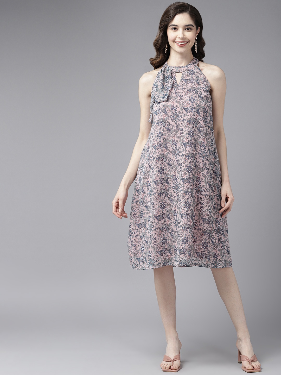 

Aarika Floral Halter Neck Georgette A-Line Dress, Peach
