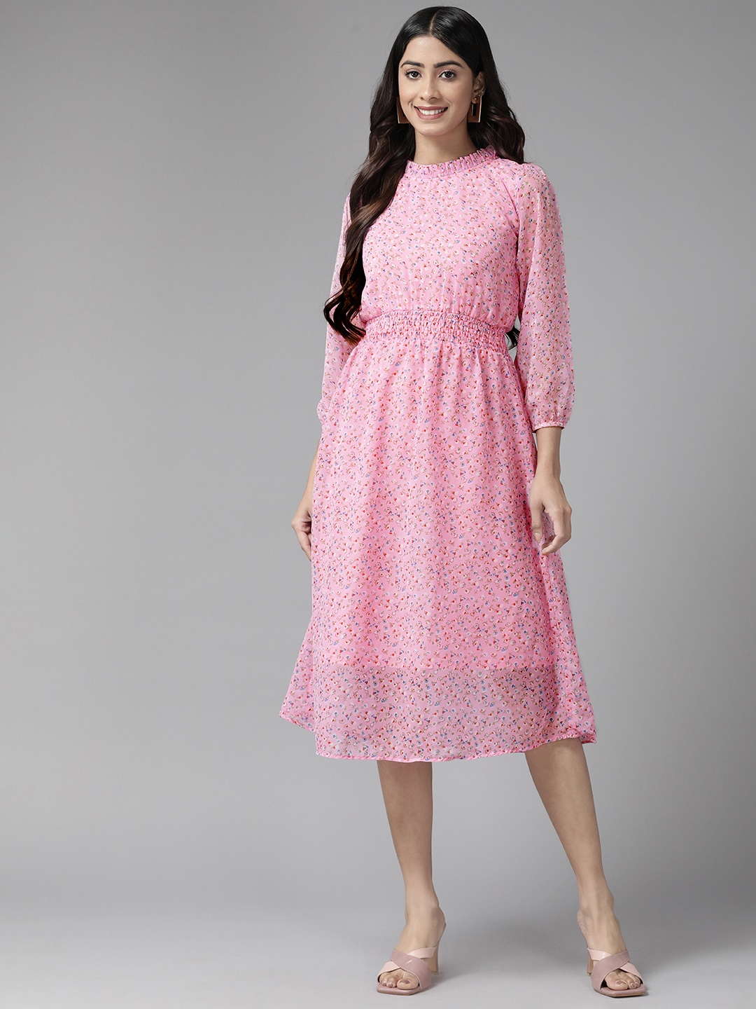 

Aarika Floral Smocked Puff Sleeves High Neck Georgette Midi Dress, Pink