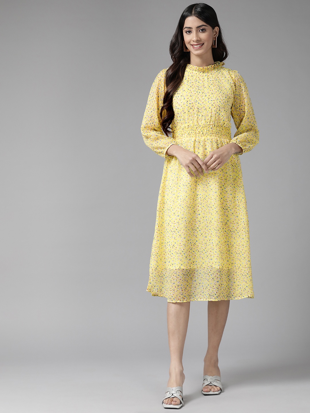 

Aarika Floral Smocked Puff Sleeves High Neck Georgette Midi Dress, Yellow