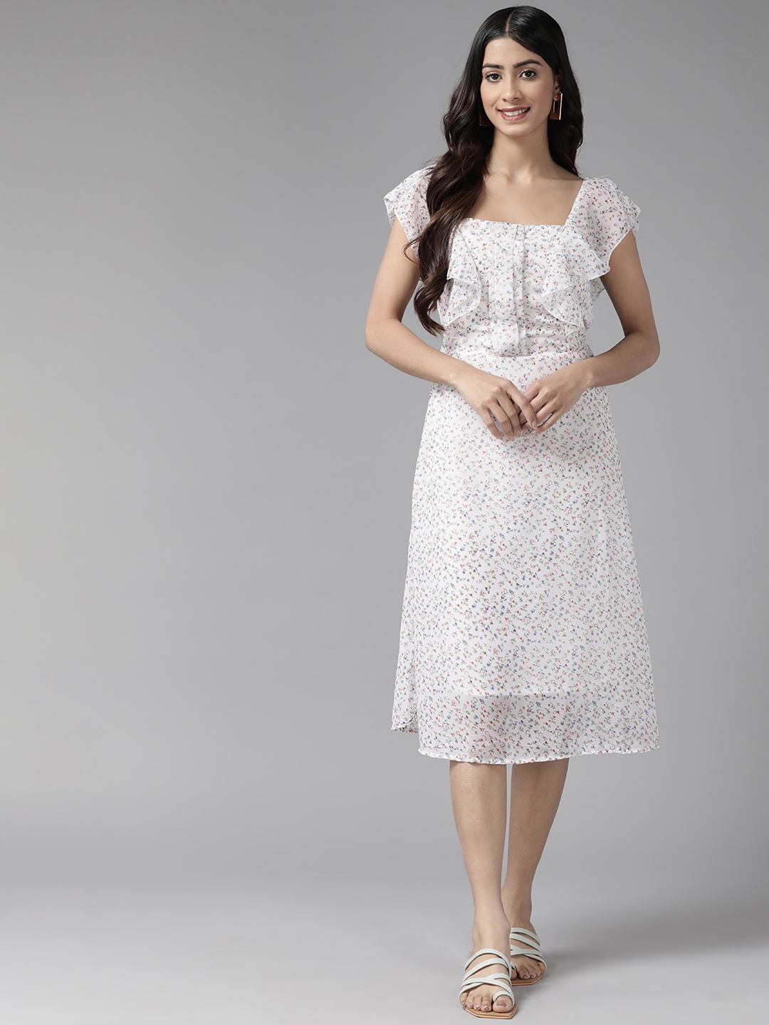 

Aarika Floral Georgette Ruffled A-Line Midi Dress, White