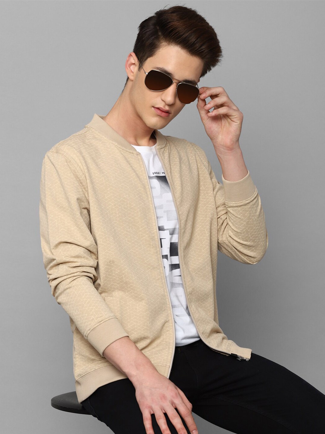

Louis Philippe Sport Mandarin Collar Front-Open Sweatshirt, Beige