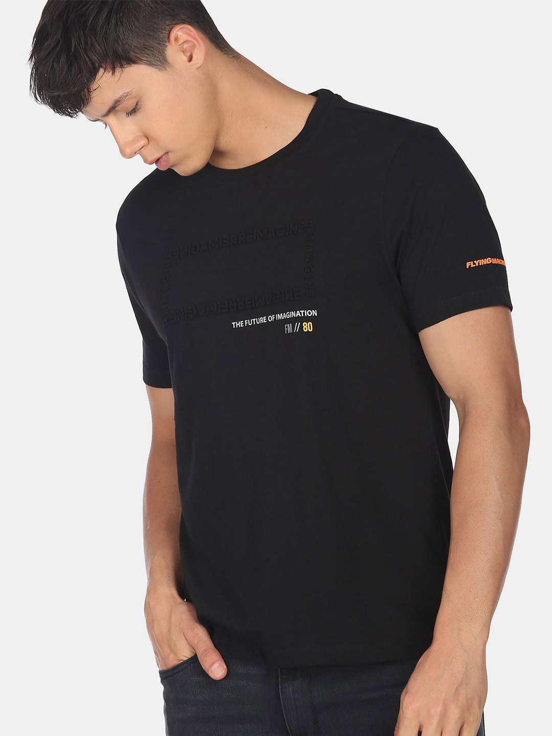 Flying Machine Cotton Embossed Print T-Shirt, Black