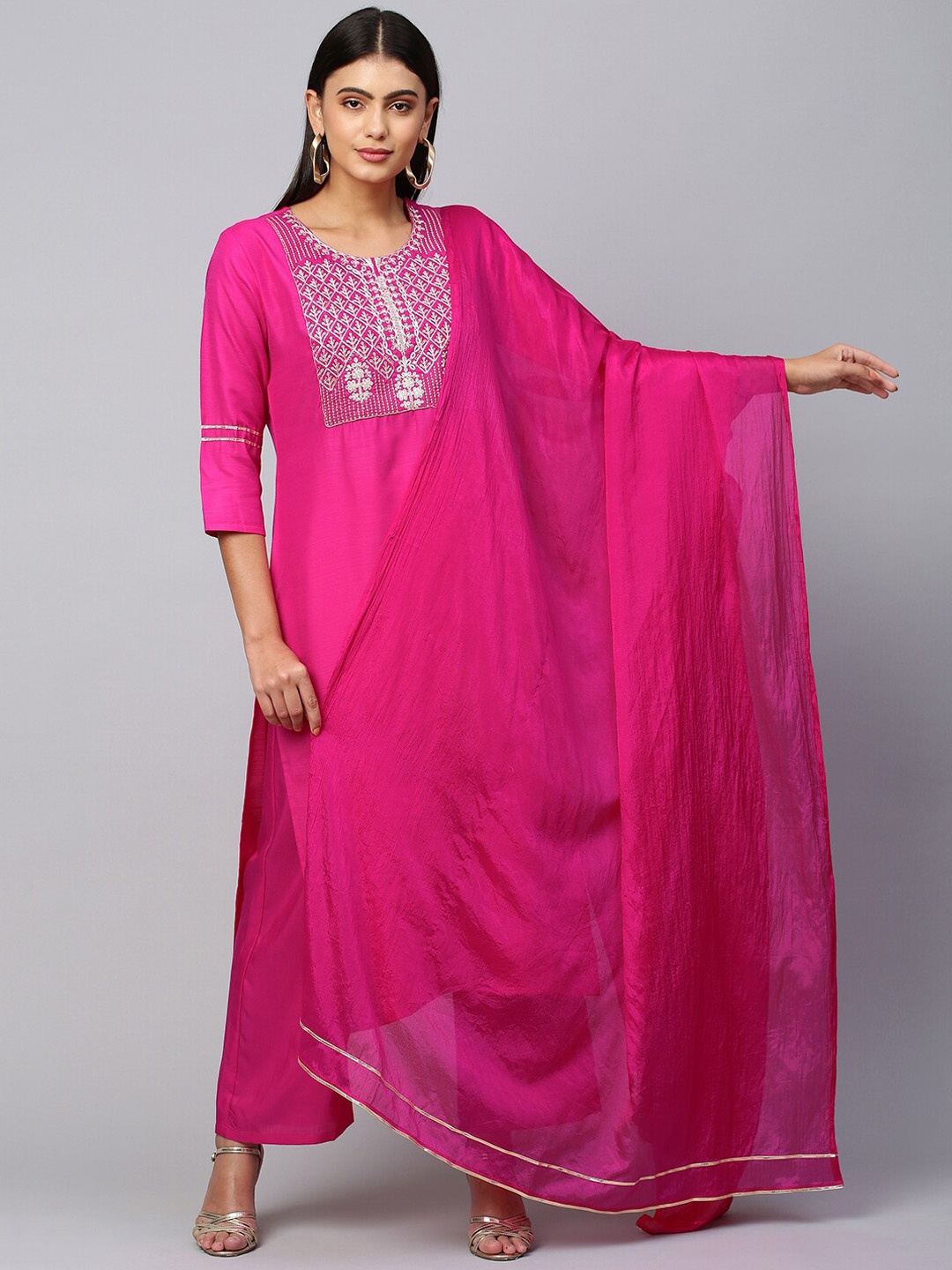 

KALINI Ethnic Motifs Embroidered Kurta with Palazzos & Dupatta, Pink
