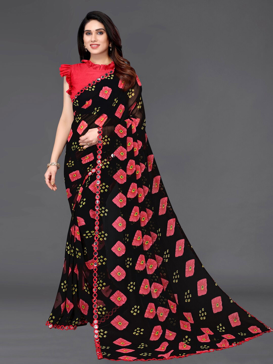 

SIRIL Poly Georgette Mirror Work Bandhani Saree, Black
