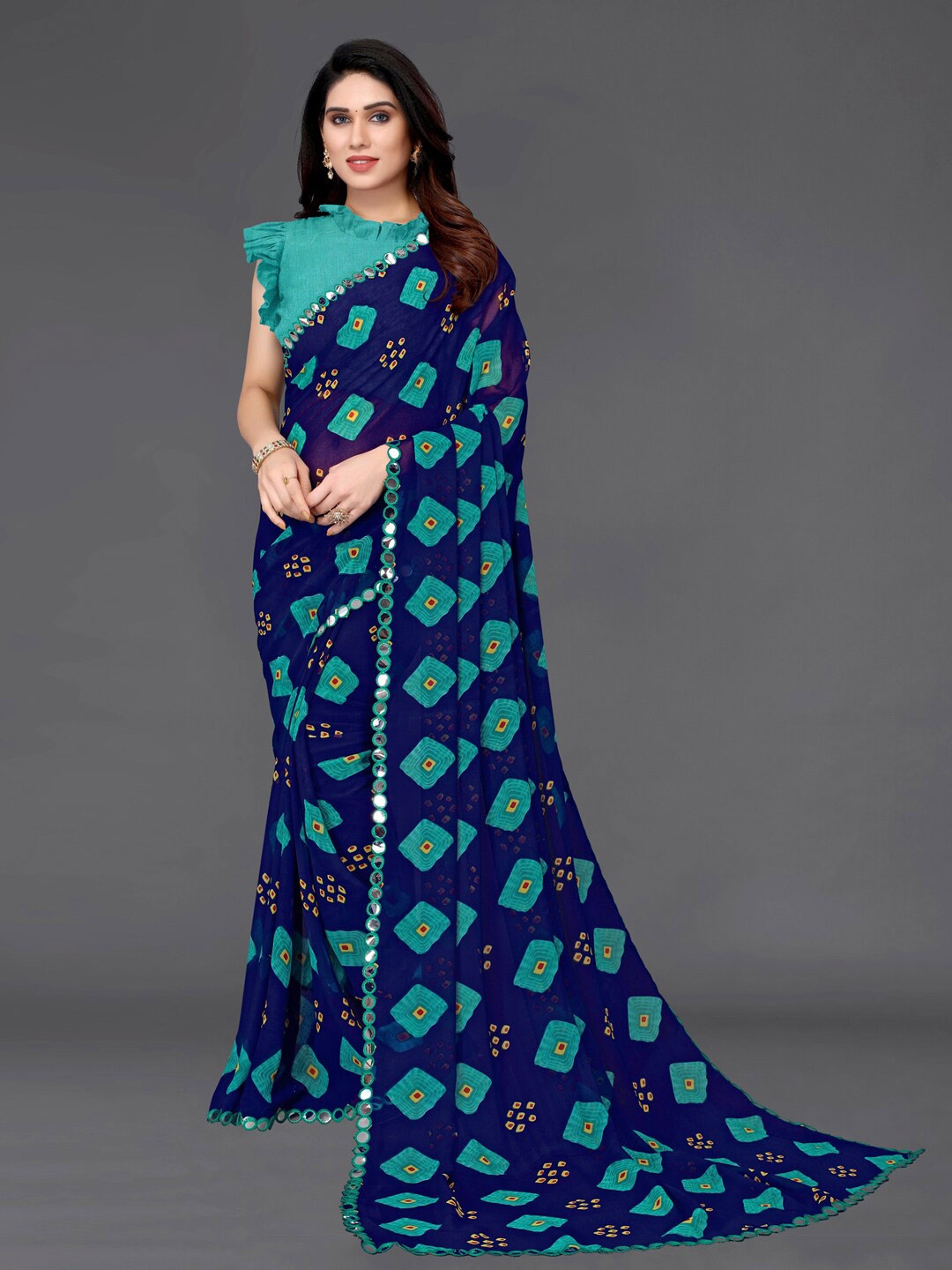 

SIRIL Poly Georgette Mirror Work Bandhani Saree, Blue