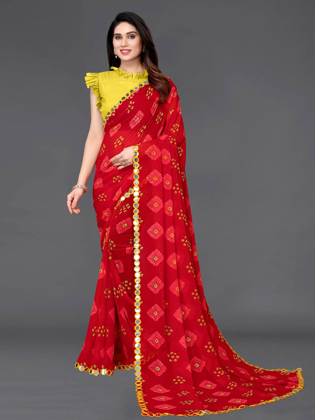 

SIRIL Poly Georgette Mirror Work Bandhani Saree, Red
