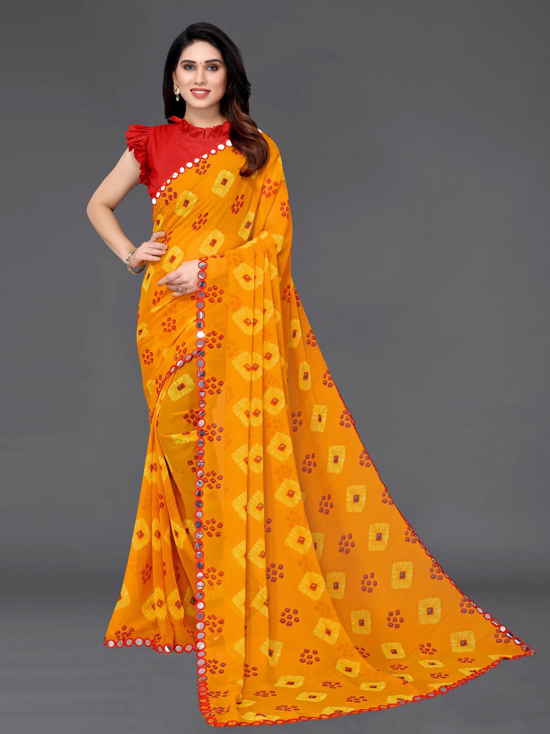 

SIRIL Poly Georgette Mirror Work Bandhani Saree, Yellow