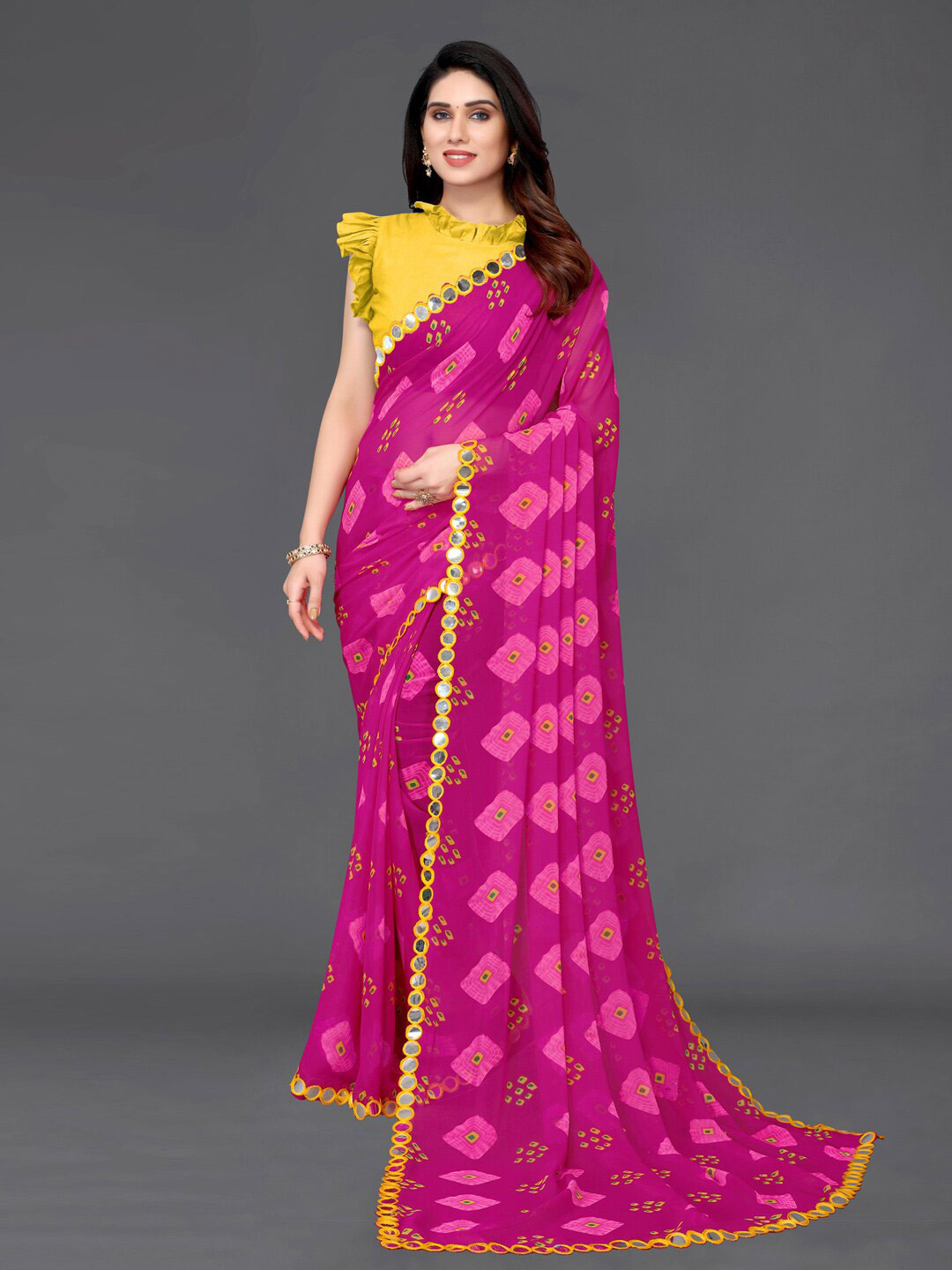 

SIRIL Poly Georgette Mirror Work Bandhani Saree, Pink