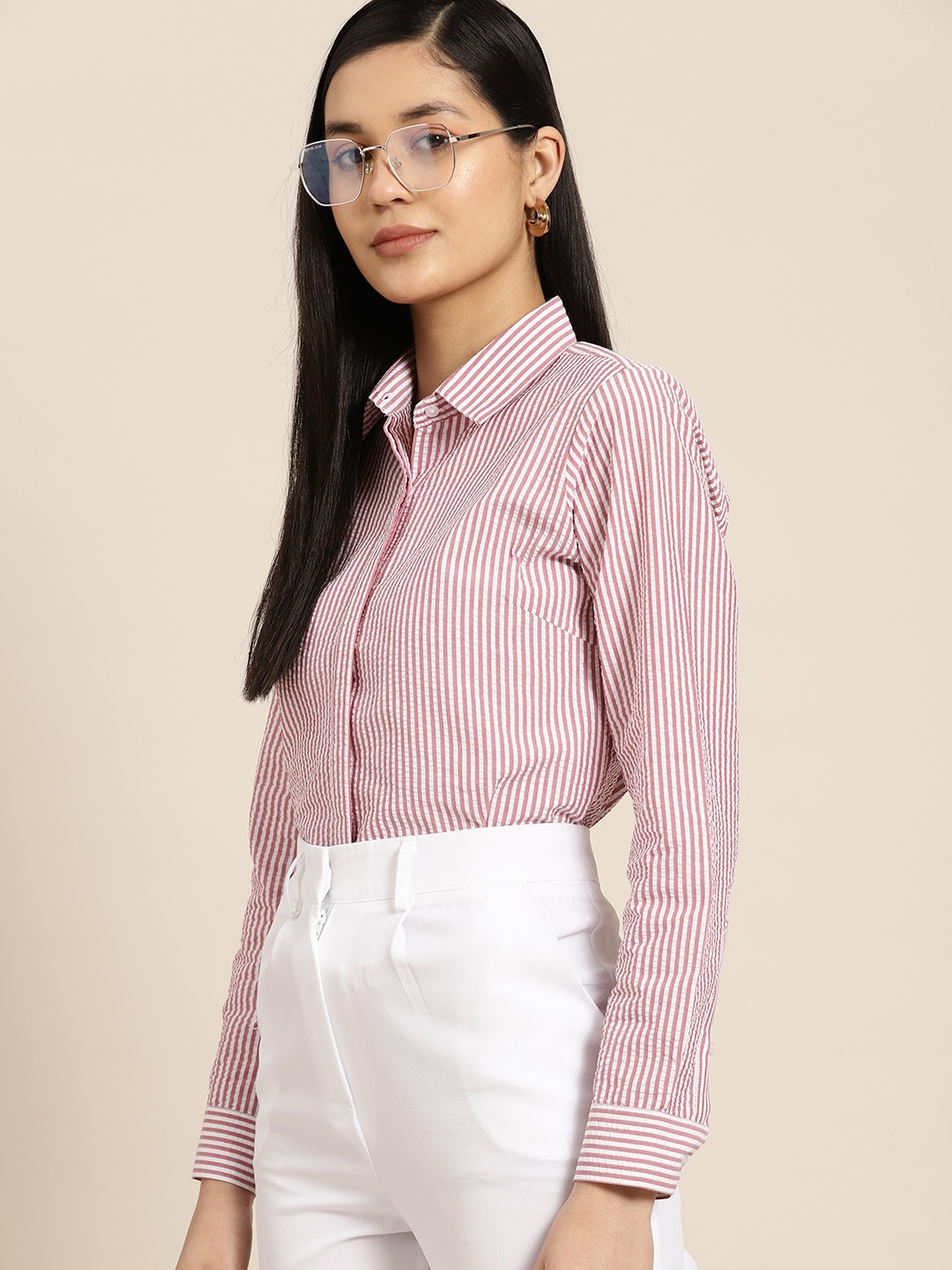 

Hancock Women Premium Pinstripes Seersucker Pure Cotton Relaxed Regular Fit Formal Shirt, Pink