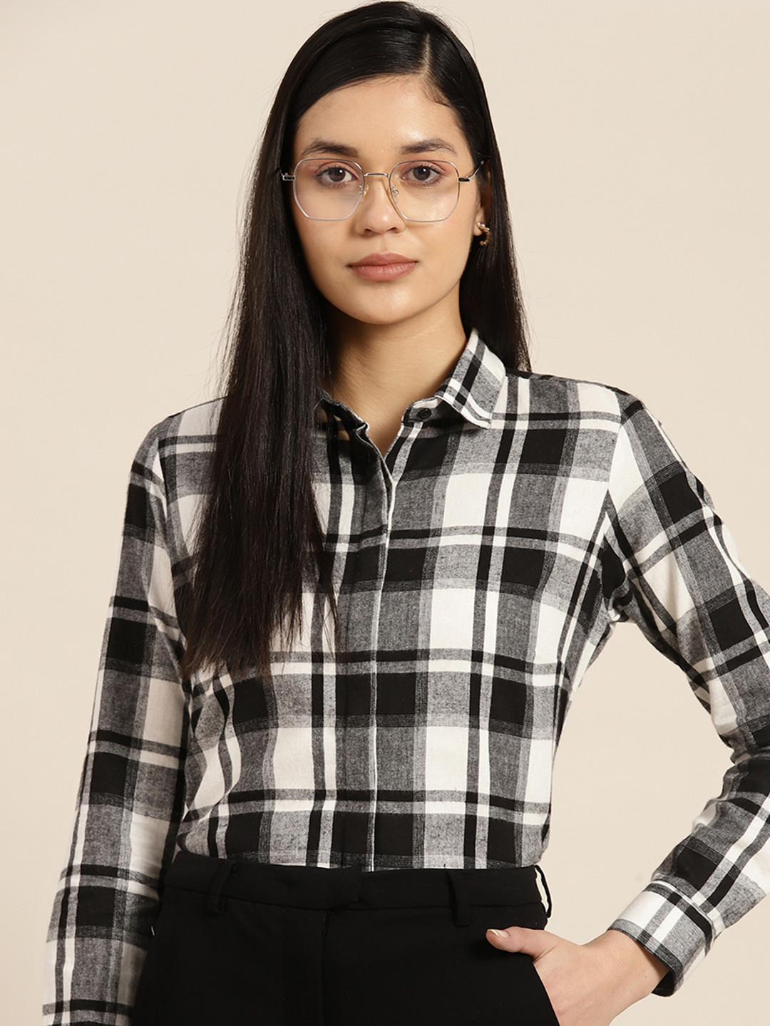 

Hancock Women Premium Tartan Checks Formal Shirt, Black