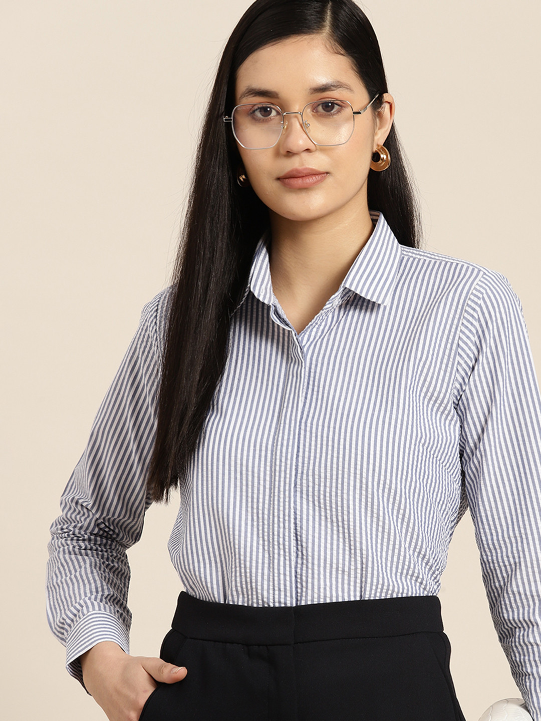 

Hancock Women Premium Pinstripes Seersucker Relaxed Regular Fit Pure Cotton Formal Shirt, Blue