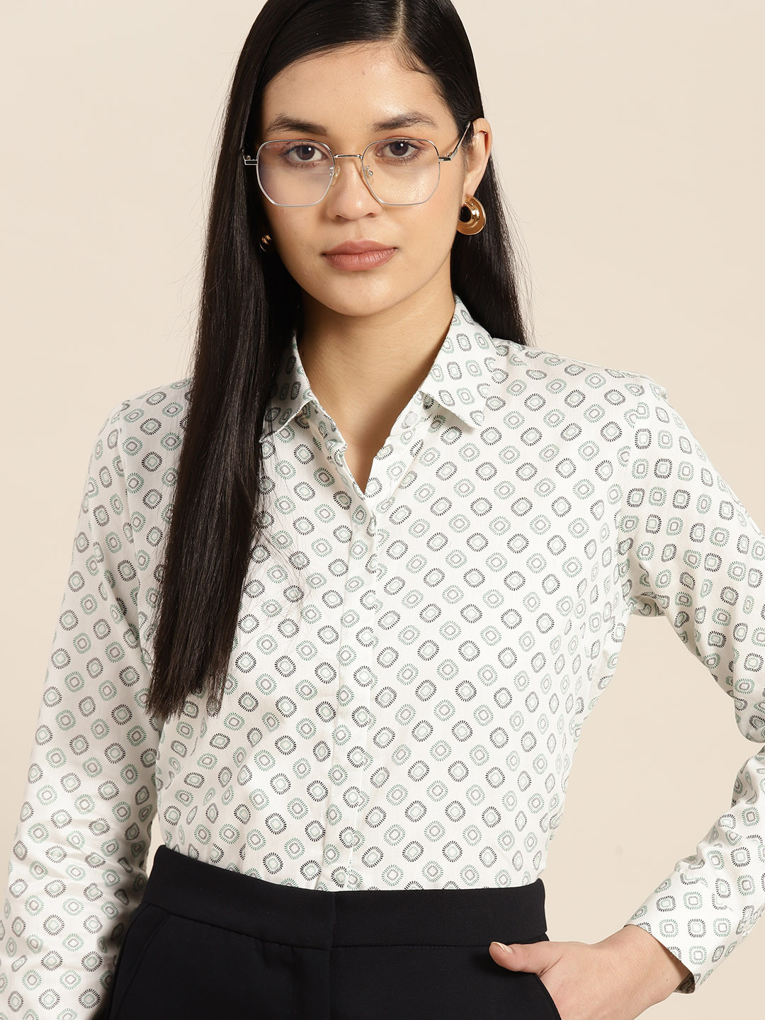 

Hancock Women Geometric Printed Pure Cotton Premium Regular Fit Formal Shirt, White