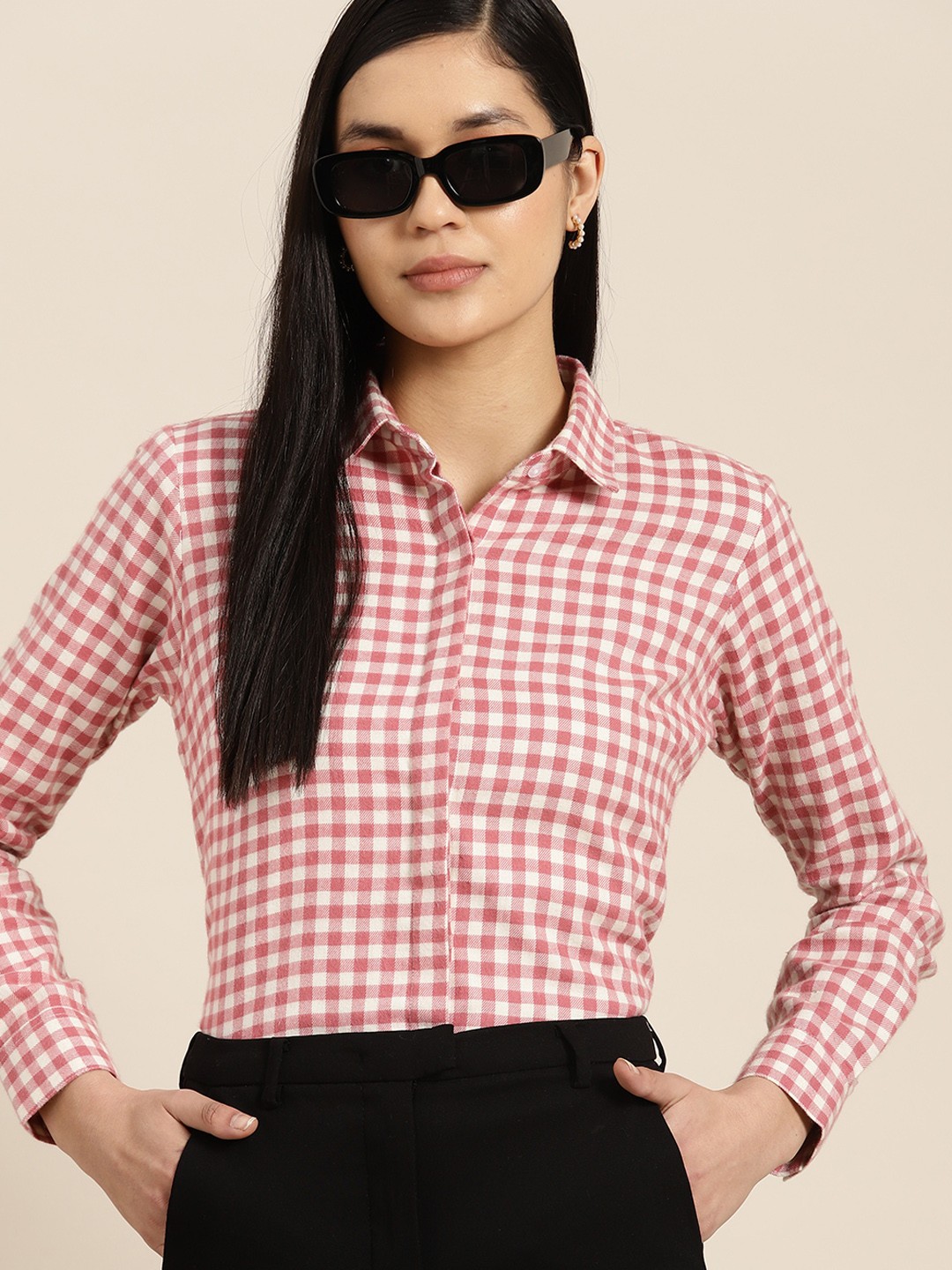

Hancock Women Pink Premium Gingham Checked Formal Cotton Shirt