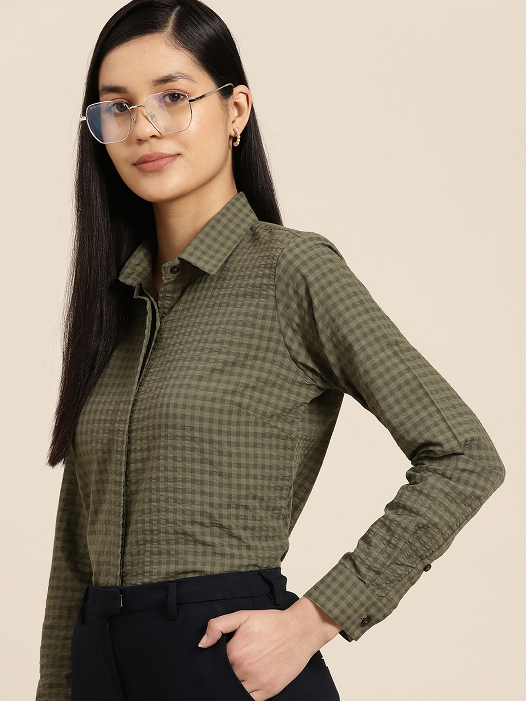 

Hancock Women Premium Striped Seersucker Cotton Formal Shirt, Olive