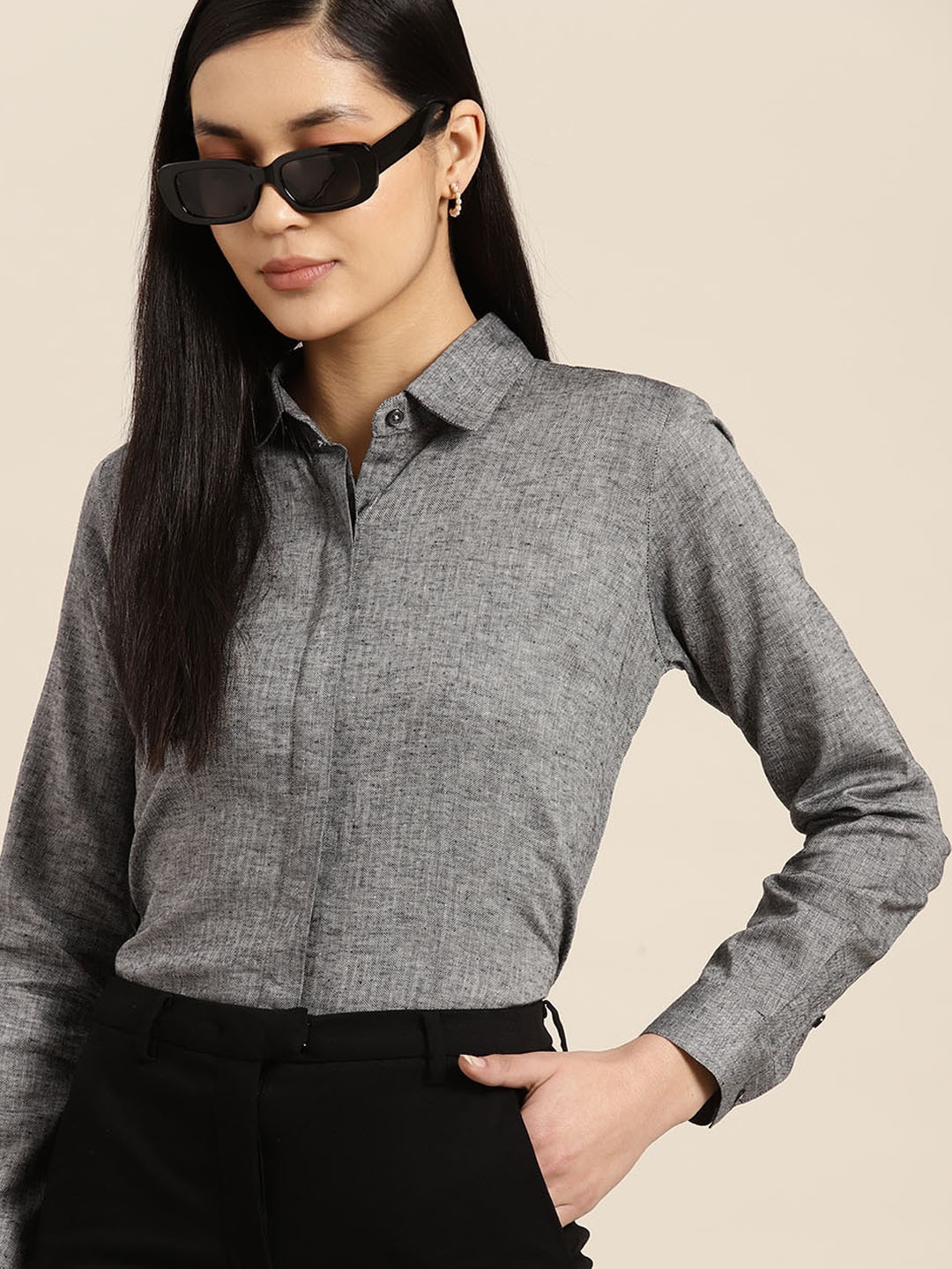 

Hancock Women Premium Formal Herringbone Cotton Shirt, Grey