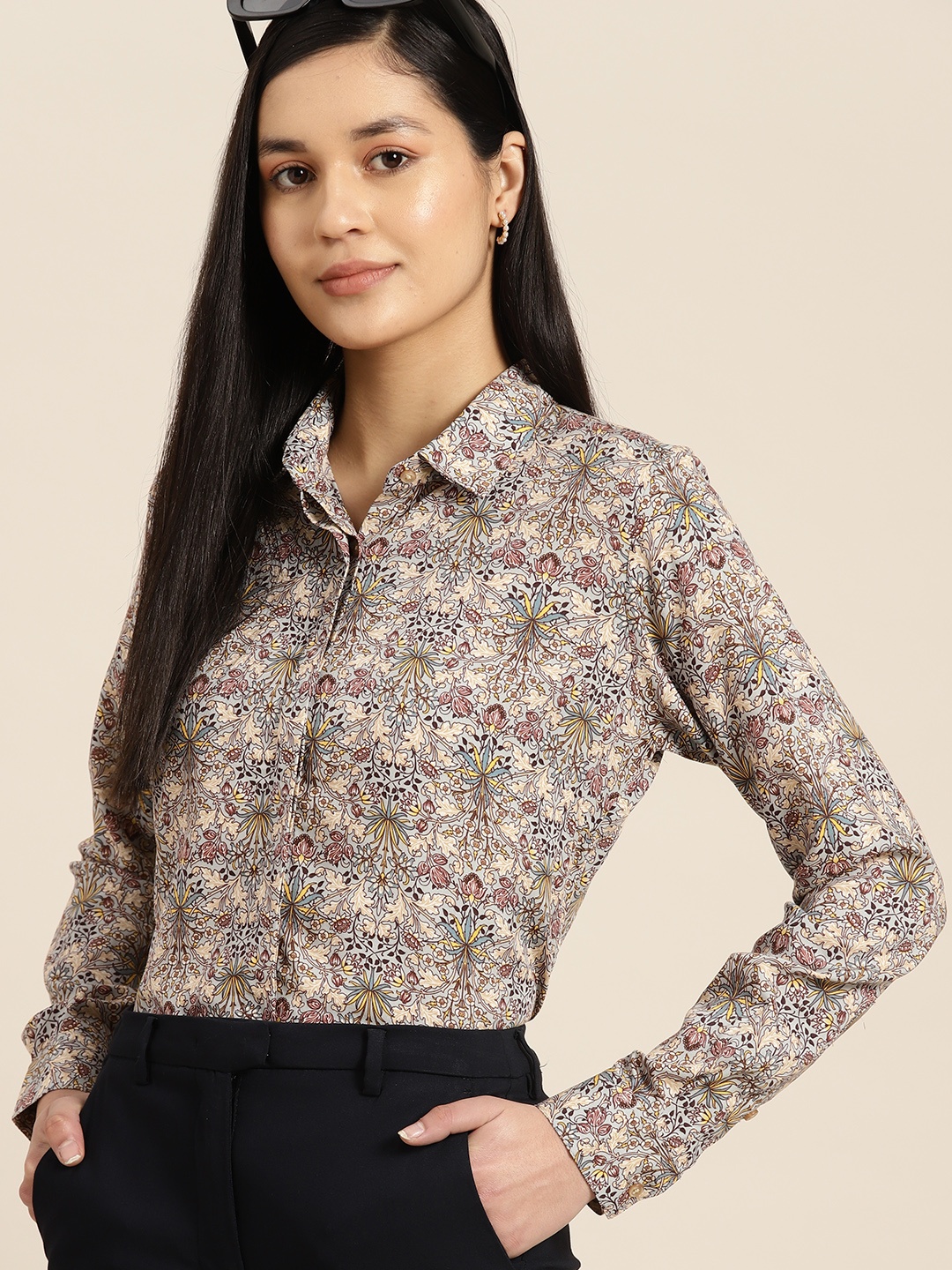 

Hancock Women Premium Floral Printed Formal Shirt, Grey