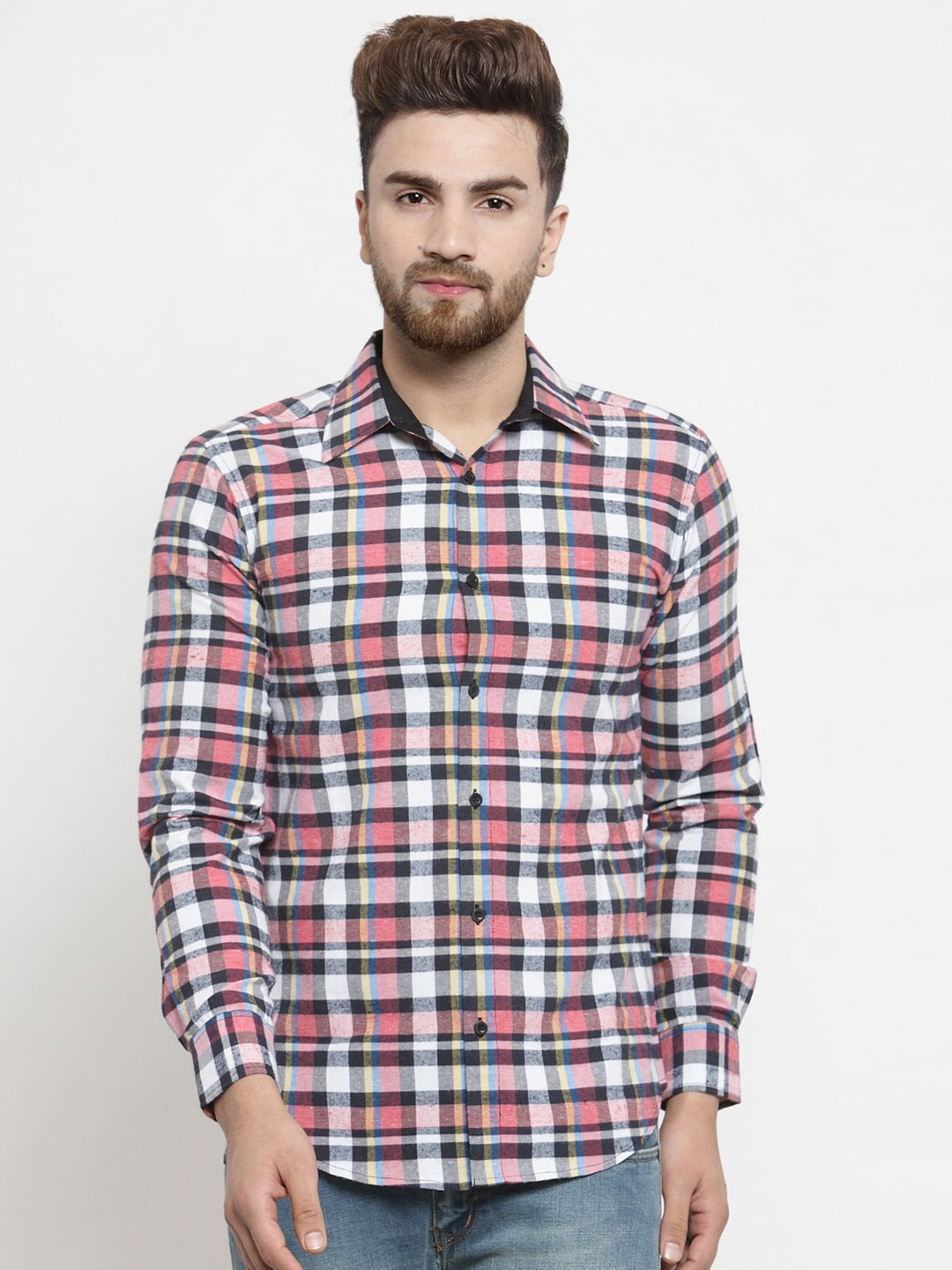 

Purple State Men Cotton Slim Fit Checked Casual Shirt, Pink