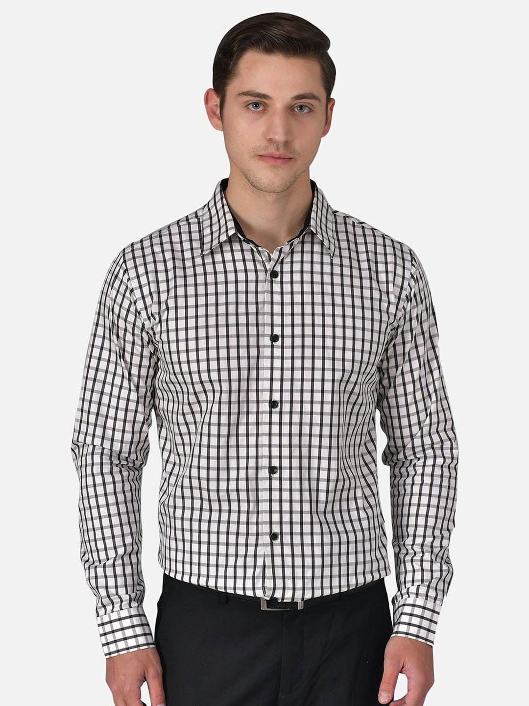 

Purple State Men Cotton Slim Fit Checked Formal Shirt, White