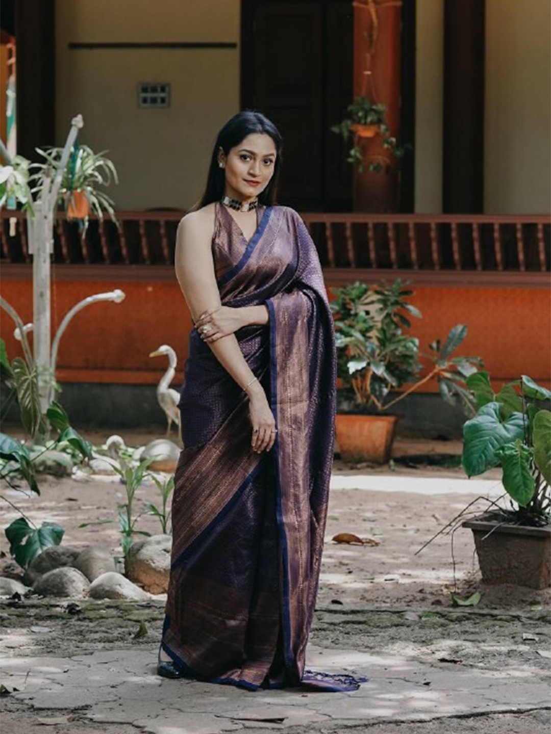 

TIEXA Ethnic Motifs Zari Pure Silk Banarasi Saree, Navy blue