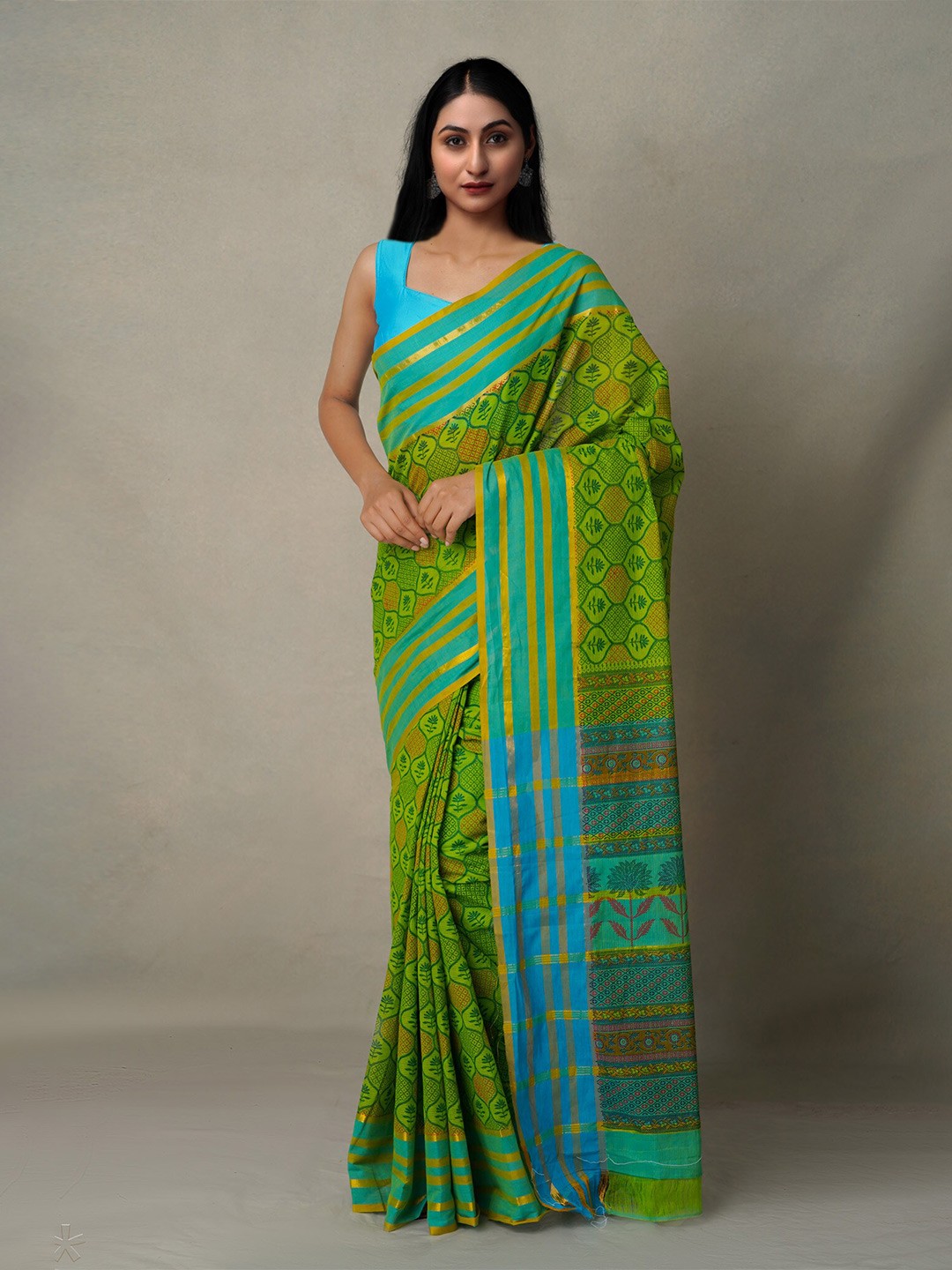 

Unnati Silks Ethnic Motifs Pure Cotton Mangalagiri Saree, Green