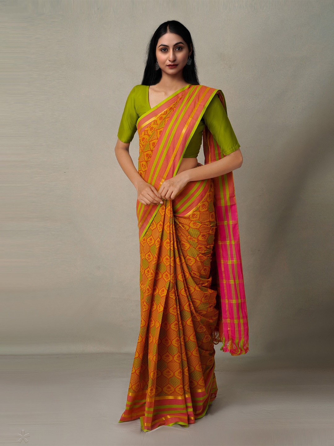 

Unnati Silks Orange & Green Ethnic Motifs Pure Cotton Mangalagiri Saree